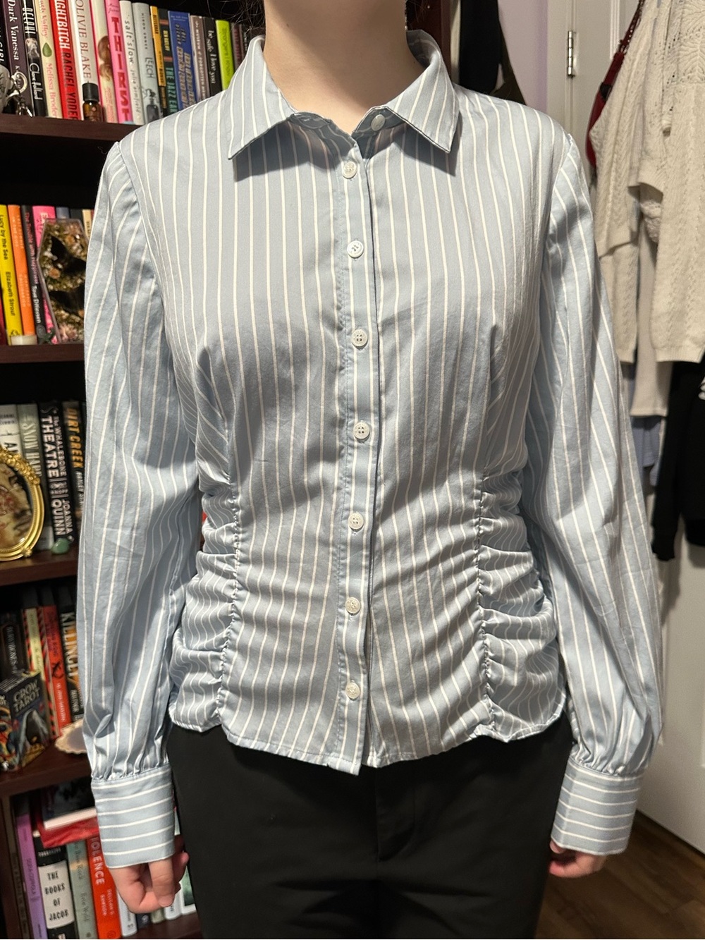 Guess Light Blue and White Striped Button-Front Blouse